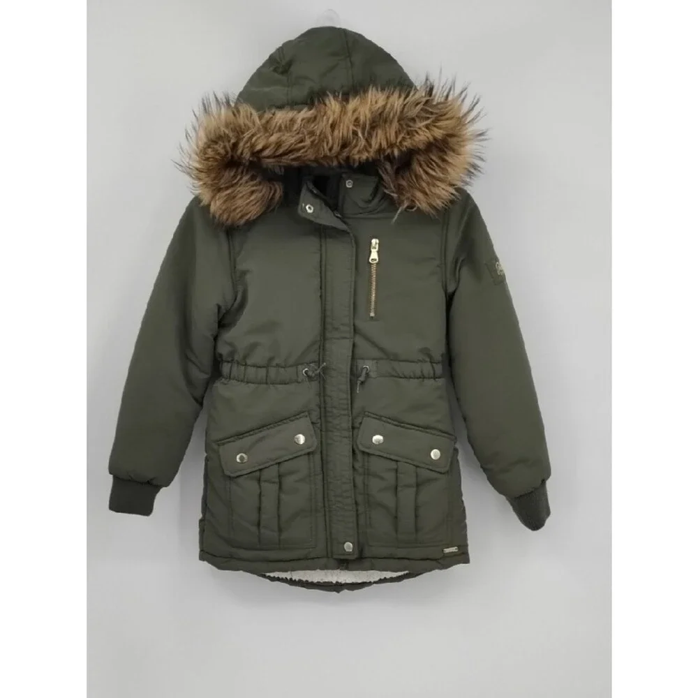 Justice Olive Green Fur Hood Sherpa Long Winter Coat Jacket Label Detail S 7/8